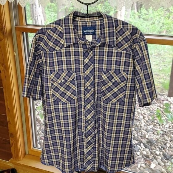 Wrangler Western Wear Sz. L Blue Plaid Pearl Snap SS Casual Button Down Shirt - Picture 3 of 14